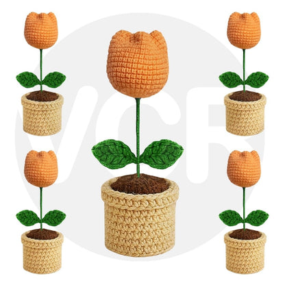 VCR Handmade Crochet Light Orange Tulip Pot - Pack of 1 - Hand Woven Knitted Artificial  Light Orange Tulip Pot Hand Knitted Flower for office Desk, Table, Car, Bedroom, Wedding & Special Occasions