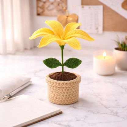 VCR Handmade Crochet Yellow Lily Pot - Pack of 1 - Hand Woven Knitted Artificial Yellow Lily Pot Hand Knitted Flower for office Desk, Table, Car, Bedroom, Wedding & Special Occasions