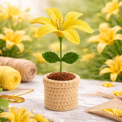 VCR Handmade Crochet Yellow Lily Pot - Pack of 1 - Hand Woven Knitted Artificial Yellow Lily Pot Hand Knitted Flower for office Desk, Table, Car, Bedroom, Wedding & Special Occasions