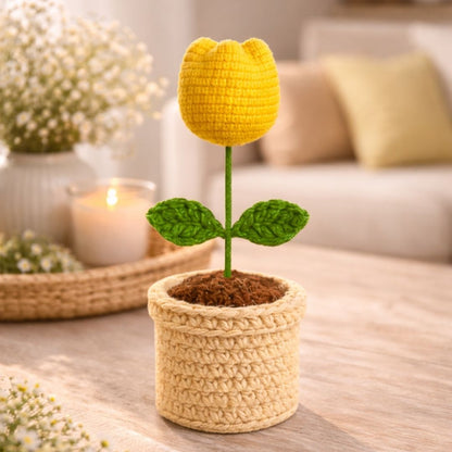 VCR Handmade Crochet Mango Tulip Pot - Pack of 1 - Hand Woven Knitted Artificial Mango Tulip Pot Hand Knitted Flower for office Desk, Table, Car, Bedroom, Wedding & Special Occasions