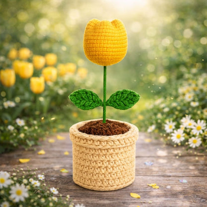 VCR Handmade Crochet Mango Tulip Pot - Pack of 1 - Hand Woven Knitted Artificial Mango Tulip Pot Hand Knitted Flower for office Desk, Table, Car, Bedroom, Wedding & Special Occasions