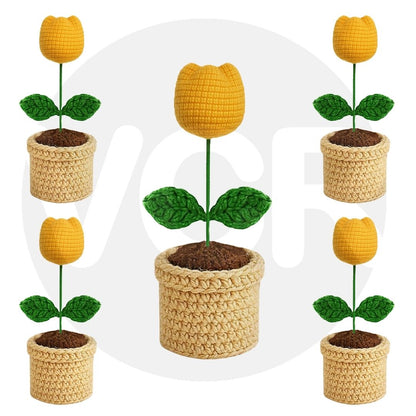 VCR Handmade Crochet Mango Tulip Pot - Pack of 1 - Hand Woven Knitted Artificial Mango Tulip Pot Hand Knitted Flower for office Desk, Table, Car, Bedroom, Wedding & Special Occasions