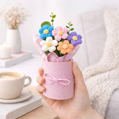 VCR Handmade Mix Crochet Bouquet- Hand Woven Knitted Artificial Hand Knitted Bouquet Flower for office Desk, Table, Car, Bedroom, Wedding & Special Occasions