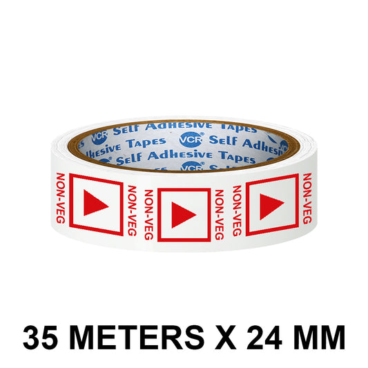 VCR Non - Veg Tape Printed - 35 Meters in Length - 24mm / 1" Width - Non - Veg Printed Tape With Red Marking, Self Adhesive Tape for Packing Boxes