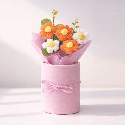 VCR Handmade Orange Crochet Bouquet- Hand Woven Knitted Artificial Hand Knitted Bouquet Flower for office Desk, Table, Car, Bedroom, Wedding & Special Occasions