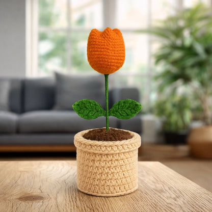 VCR Handmade Crochet Orange Tulip Pot - Pack of 1 - Hand Woven Knitted Artificial Orange Tulip Pot Hand Knitted Flower for office Desk, Table, Car, Bedroom, Wedding & Special Occasions