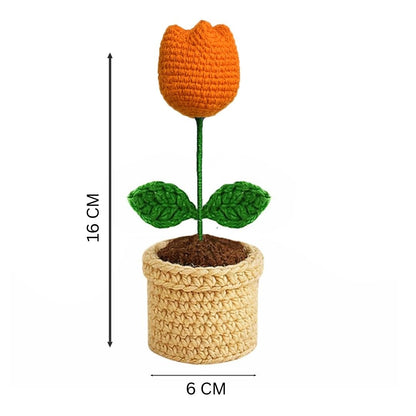 VCR Handmade Crochet Orange Tulip Pot - Pack of 1 - Hand Woven Knitted Artificial Orange Tulip Pot Hand Knitted Flower for office Desk, Table, Car, Bedroom, Wedding & Special Occasions