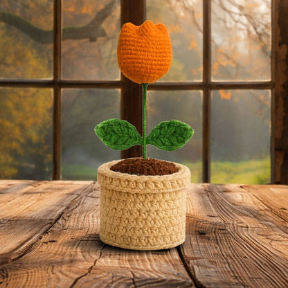 VCR Handmade Crochet Orange Tulip Pot - Pack of 1 - Hand Woven Knitted Artificial Orange Tulip Pot Hand Knitted Flower for office Desk, Table, Car, Bedroom, Wedding & Special Occasions