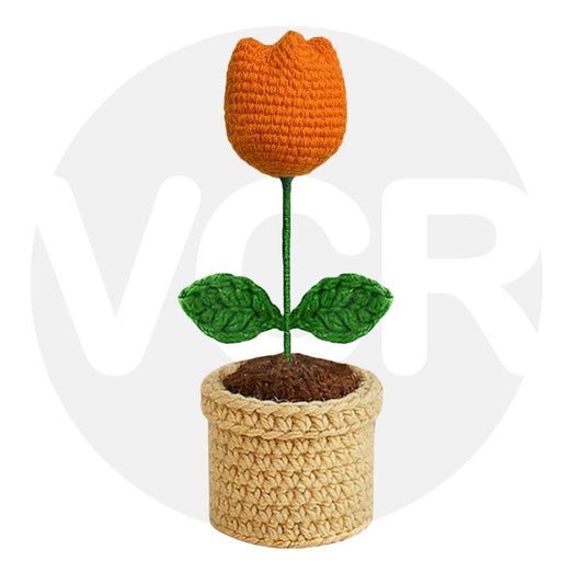 VCR Handmade Crochet Orange Tulip Pot - Pack of 1 - Hand Woven Knitted Artificial Orange Tulip Pot Hand Knitted Flower for office Desk, Table, Car, Bedroom, Wedding & Special Occasions