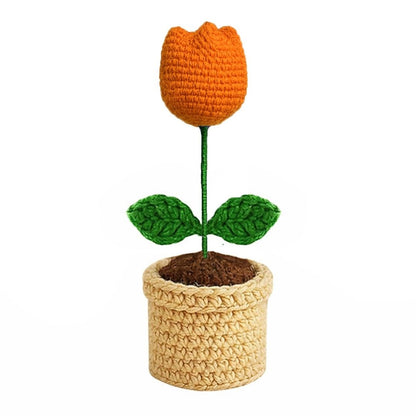 VCR Handmade Crochet Orange Tulip Pot - Pack of 1 - Hand Woven Knitted Artificial Orange Tulip Pot Hand Knitted Flower for office Desk, Table, Car, Bedroom, Wedding & Special Occasions