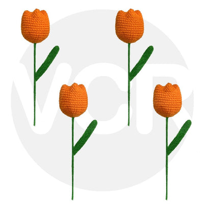 VCR Handmade Crochet Orange Tulip - Pack of 1 - Hand Woven Knitted Artificial Orange Tulip Hand Knitted Flower for office Desk, Table, Car, Bedroom, Wedding & Special Occasions