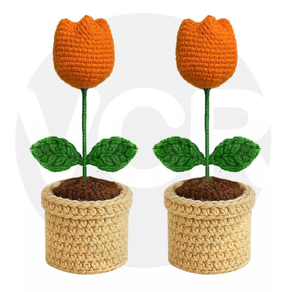 VCR Handmade Crochet Orange Tulip Pot - Pack of 1 - Hand Woven Knitted Artificial Orange Tulip Pot Hand Knitted Flower for office Desk, Table, Car, Bedroom, Wedding & Special Occasions