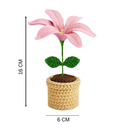 VCR Handmade Crochet Pink Lily Pot - Pack of 1 - Hand Woven Knitted Artificial Pink Lily Pot Hand Knitted Flower for office Desk, Table, Car, Bedroom, Wedding & Special Occasions