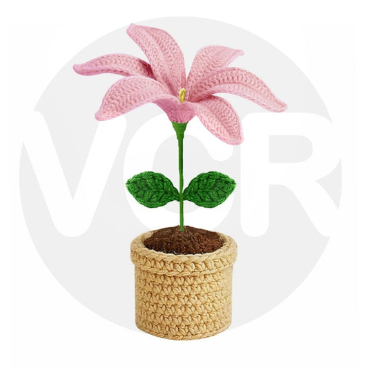 VCR Handmade Crochet Pink Lily Pot - Pack of 1 - Hand Woven Knitted Artificial Pink Lily Pot Hand Knitted Flower for office Desk, Table, Car, Bedroom, Wedding & Special Occasions