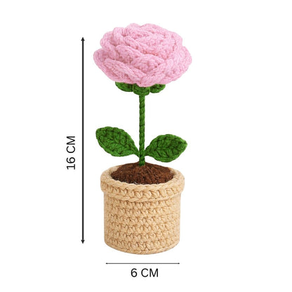 VCR Handmade Crochet Pink Rose Pot - Pack of 1 - Hand Woven Knitted Artificial Pink Rose Pot Hand Knitted Flower for office Desk, Table, Car, Bedroom, Wedding & Special Occasions