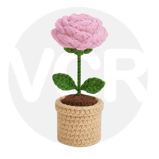 VCR Handmade Crochet Pink Rose Pot - Pack of 1 - Hand Woven Knitted Artificial Pink Rose Pot Hand Knitted Flower for office Desk, Table, Car, Bedroom, Wedding & Special Occasions