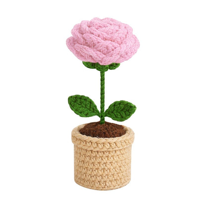 VCR Handmade Crochet Pink Rose Pot - Pack of 1 - Hand Woven Knitted Artificial Pink Rose Pot Hand Knitted Flower for office Desk, Table, Car, Bedroom, Wedding & Special Occasions