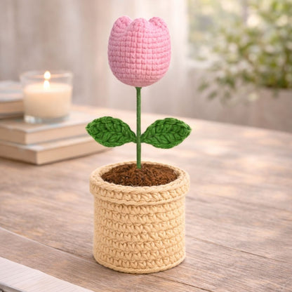 VCR Handmade Crochet Pink Tulip Pot - Pack of 1 - Hand Woven Knitted Artificial Pink Tulip Pot Hand Knitted Flower for office Desk, Table, Car, Bedroom, Wedding & Special Occasions