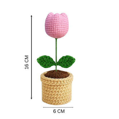 VCR Handmade Crochet Pink Tulip Pot - Pack of 1 - Hand Woven Knitted Artificial Pink Tulip Pot Hand Knitted Flower for office Desk, Table, Car, Bedroom, Wedding & Special Occasions