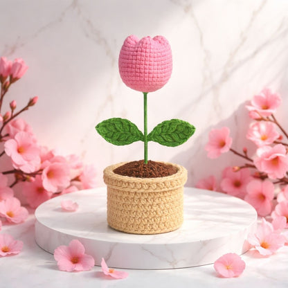 VCR Handmade Crochet Pink Tulip Pot - Pack of 1 - Hand Woven Knitted Artificial Pink Tulip Pot Hand Knitted Flower for office Desk, Table, Car, Bedroom, Wedding & Special Occasions