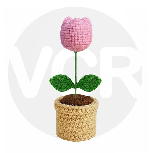VCR Handmade Crochet Pink Tulip Pot - Pack of 1 - Hand Woven Knitted Artificial Pink Tulip Pot Hand Knitted Flower for office Desk, Table, Car, Bedroom, Wedding & Special Occasions