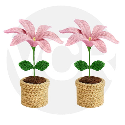 VCR Handmade Crochet Pink Lily Pot - Pack of 1 - Hand Woven Knitted Artificial Pink Lily Pot Hand Knitted Flower for office Desk, Table, Car, Bedroom, Wedding & Special Occasions