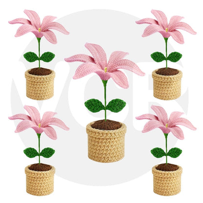 VCR Handmade Crochet Pink Lily Pot - Pack of 1 - Hand Woven Knitted Artificial Pink Lily Pot Hand Knitted Flower for office Desk, Table, Car, Bedroom, Wedding & Special Occasions
