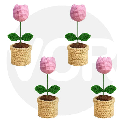 VCR Handmade Crochet Pink Tulip Pot - Pack of 1 - Hand Woven Knitted Artificial Pink Tulip Pot Hand Knitted Flower for office Desk, Table, Car, Bedroom, Wedding & Special Occasions