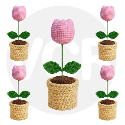 VCR Handmade Crochet Pink Tulip Pot - Pack of 1 - Hand Woven Knitted Artificial Pink Tulip Pot Hand Knitted Flower for office Desk, Table, Car, Bedroom, Wedding & Special Occasions