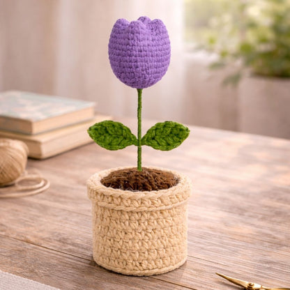 VCR Handmade Crochet Purple Tulip Pot - Pack of 1 - Hand Woven Knitted Artificial Purple Tulip Pot Hand Knitted Flower for office Desk, Table, Car, Bedroom, Wedding & Special Occasions