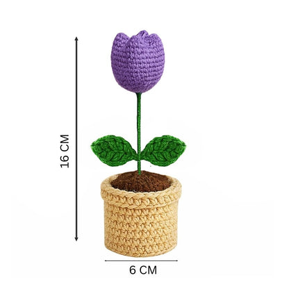 VCR Handmade Crochet Purple Tulip Pot - Pack of 1 - Hand Woven Knitted Artificial Purple Tulip Pot Hand Knitted Flower for office Desk, Table, Car, Bedroom, Wedding & Special Occasions