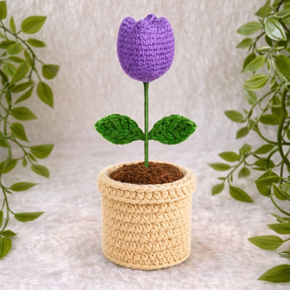 VCR Handmade Crochet Purple Tulip Pot - Pack of 1 - Hand Woven Knitted Artificial Purple Tulip Pot Hand Knitted Flower for office Desk, Table, Car, Bedroom, Wedding & Special Occasions