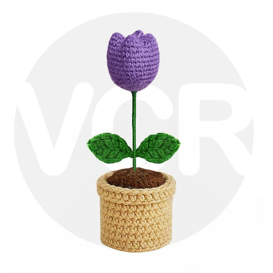 VCR Handmade Crochet Purple Tulip Pot - Pack of 1 - Hand Woven Knitted Artificial Purple Tulip Pot Hand Knitted Flower for office Desk, Table, Car, Bedroom, Wedding & Special Occasions