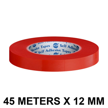 VCR RED Strong Acrylic Transparent Adhesive - Double Sided Heat Resistant - (Polyester Tape) - 45 Meters in Length - 12mm Width - 1 Roll Per Pack