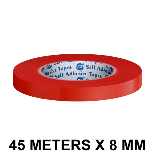 VCR RED Strong Acrylic Transparent Adhesive - Double Sided Heat Resistant - (Polyester Tape) - 45 Meters in Length - 08mm Width - 1 Roll Per Pack