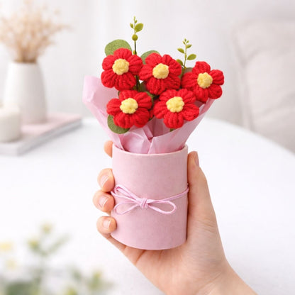 VCR Handmade Red Crochet Bouquet- Hand Woven Knitted Artificial Hand Knitted Bouquet Flower for office Desk, Table, Car, Bedroom, Wedding & Special Occasions