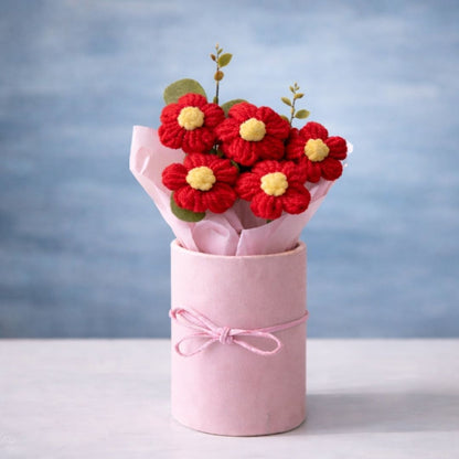 VCR Handmade Red Crochet Bouquet- Hand Woven Knitted Artificial Hand Knitted Bouquet Flower for office Desk, Table, Car, Bedroom, Wedding & Special Occasions