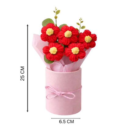 VCR Handmade Red Crochet Bouquet- Hand Woven Knitted Artificial Hand Knitted Bouquet Flower for office Desk, Table, Car, Bedroom, Wedding & Special Occasions