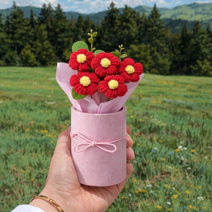 VCR Handmade Red Crochet Bouquet- Hand Woven Knitted Artificial Hand Knitted Bouquet Flower for office Desk, Table, Car, Bedroom, Wedding & Special Occasions