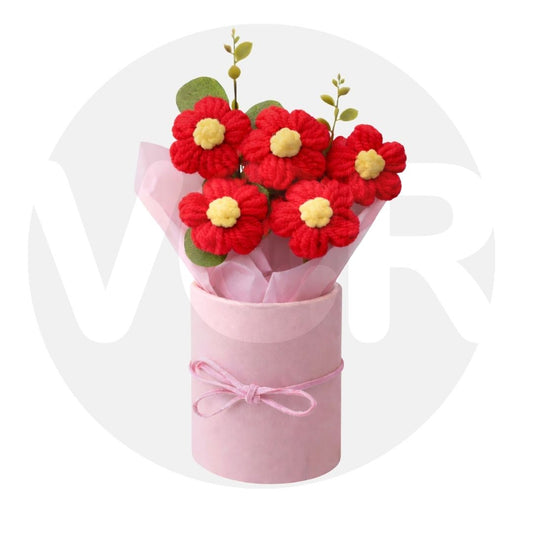 VCR Handmade Red Crochet Bouquet- Hand Woven Knitted Artificial Hand Knitted Bouquet Flower for office Desk, Table, Car, Bedroom, Wedding & Special Occasions