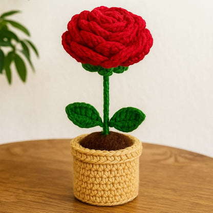 VCR Handmade Crochet Red Rose Pot - Hand Woven Knitted Artificial Red Rose Pot Hand Knitted Flower for office Desk, Table, Car, Bedroom, Wedding & Special Occasions