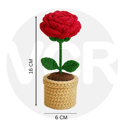 VCR Handmade Crochet Red Rose Pot - Hand Woven Knitted Artificial Red Rose Pot Hand Knitted Flower for office Desk, Table, Car, Bedroom, Wedding & Special Occasions