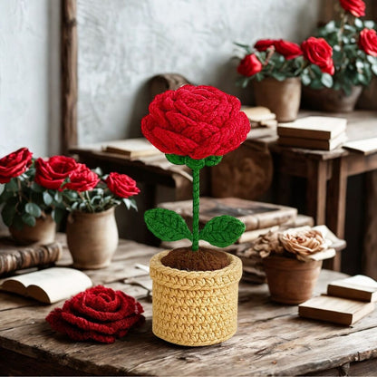 VCR Handmade Crochet Red Rose Pot - Hand Woven Knitted Artificial Red Rose Pot Hand Knitted Flower for office Desk, Table, Car, Bedroom, Wedding & Special Occasions