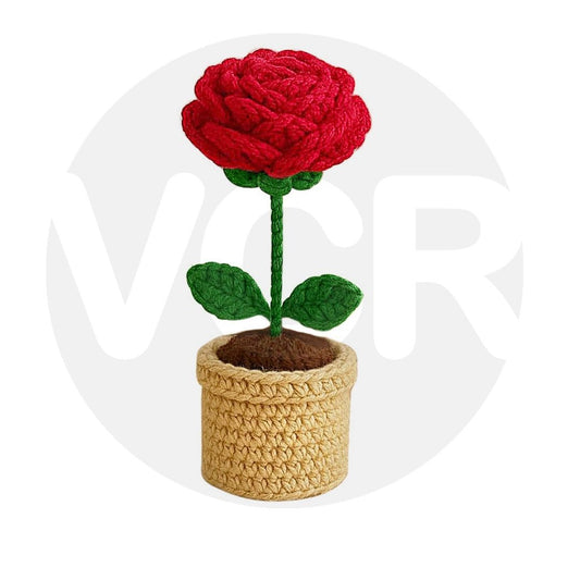 VCR Handmade Crochet Red Rose Pot - Hand Woven Knitted Artificial Red Rose Pot Hand Knitted Flower for office Desk, Table, Car, Bedroom, Wedding & Special Occasions