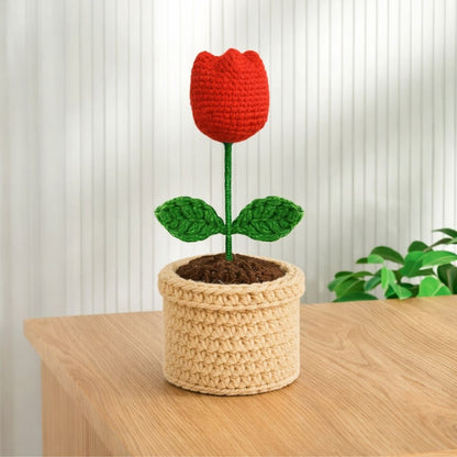 VCR Handmade Crochet Red Tulip Pot - Pack of 1 - Hand Woven Knitted Artificial Red Tulip Pot Hand Knitted Flower for office Desk, Table, Car, Bedroom, Wedding & Special Occasions