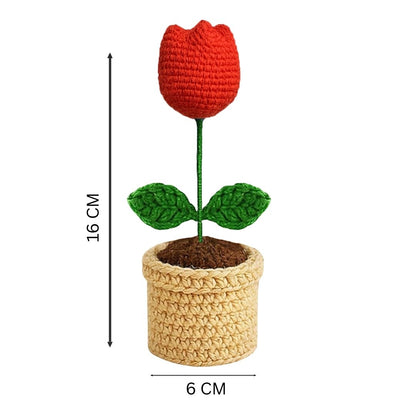 VCR Handmade Crochet Red Tulip Pot - Pack of 1 - Hand Woven Knitted Artificial Red Tulip Pot Hand Knitted Flower for office Desk, Table, Car, Bedroom, Wedding & Special Occasions