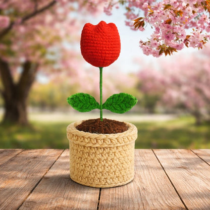 VCR Handmade Crochet Red Tulip Pot - Pack of 1 - Hand Woven Knitted Artificial Red Tulip Pot Hand Knitted Flower for office Desk, Table, Car, Bedroom, Wedding & Special Occasions