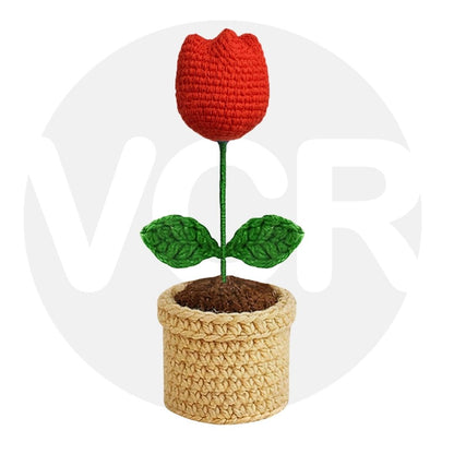 VCR Handmade Crochet Red Tulip Pot - Pack of 1 - Hand Woven Knitted Artificial Red Tulip Pot Hand Knitted Flower for office Desk, Table, Car, Bedroom, Wedding & Special Occasions