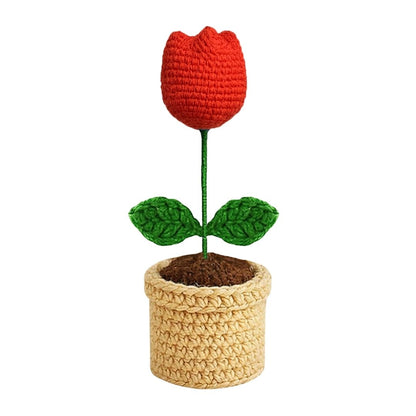 VCR Handmade Crochet Red Tulip Pot - Pack of 1 - Hand Woven Knitted Artificial Red Tulip Pot Hand Knitted Flower for office Desk, Table, Car, Bedroom, Wedding & Special Occasions