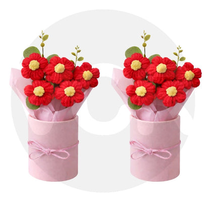 VCR Handmade Red Crochet Bouquet- Hand Woven Knitted Artificial Hand Knitted Bouquet Flower for office Desk, Table, Car, Bedroom, Wedding & Special Occasions
